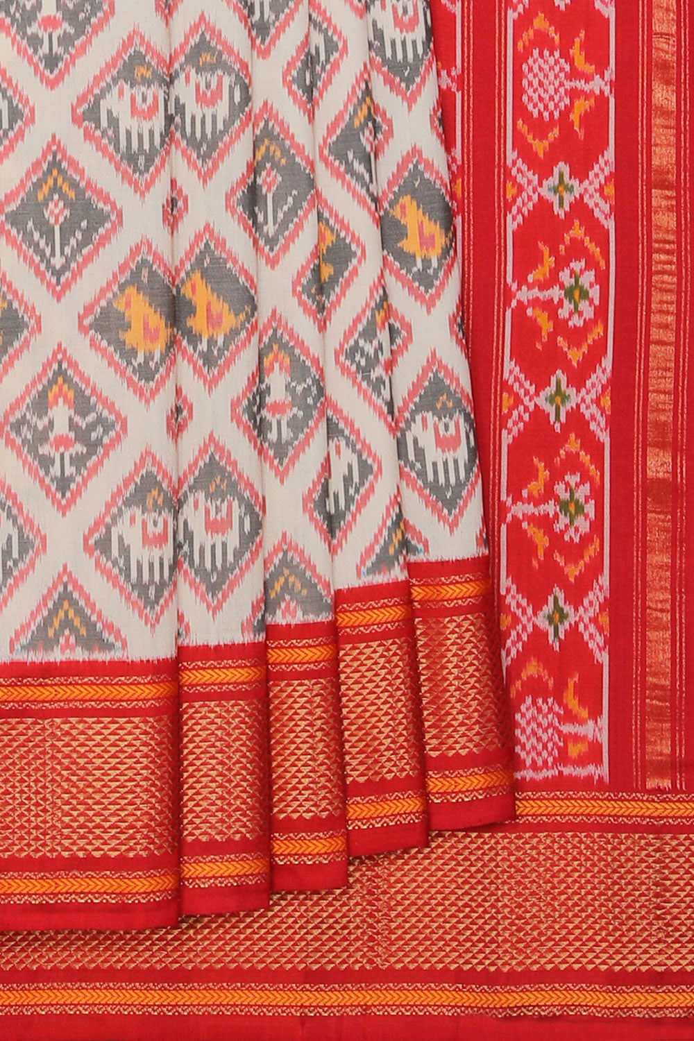 Image of Pochampally Silk Ikat Off-White Saree